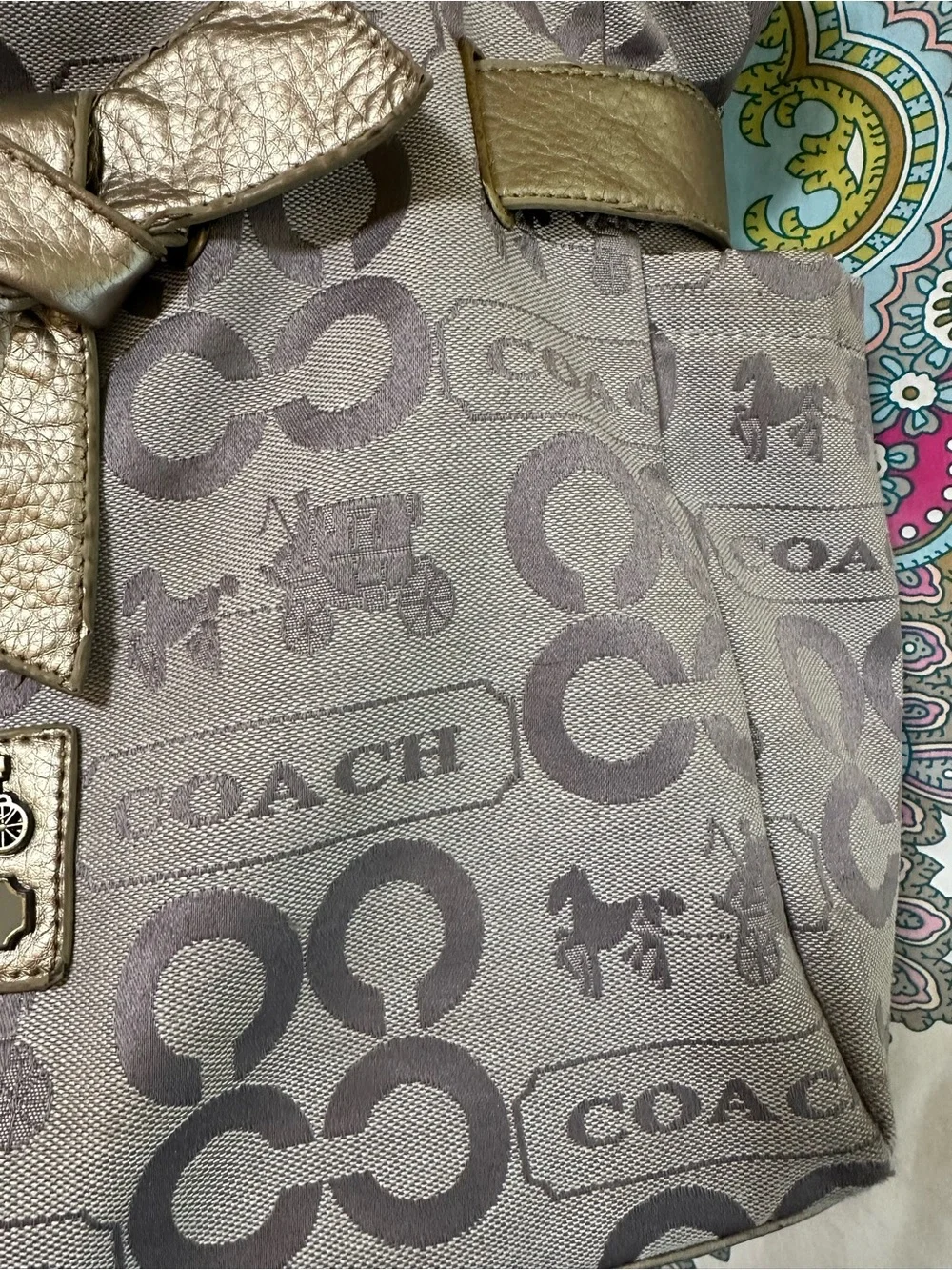 Coach Taupe Signature Tote with Metallic Gold Bow Accents